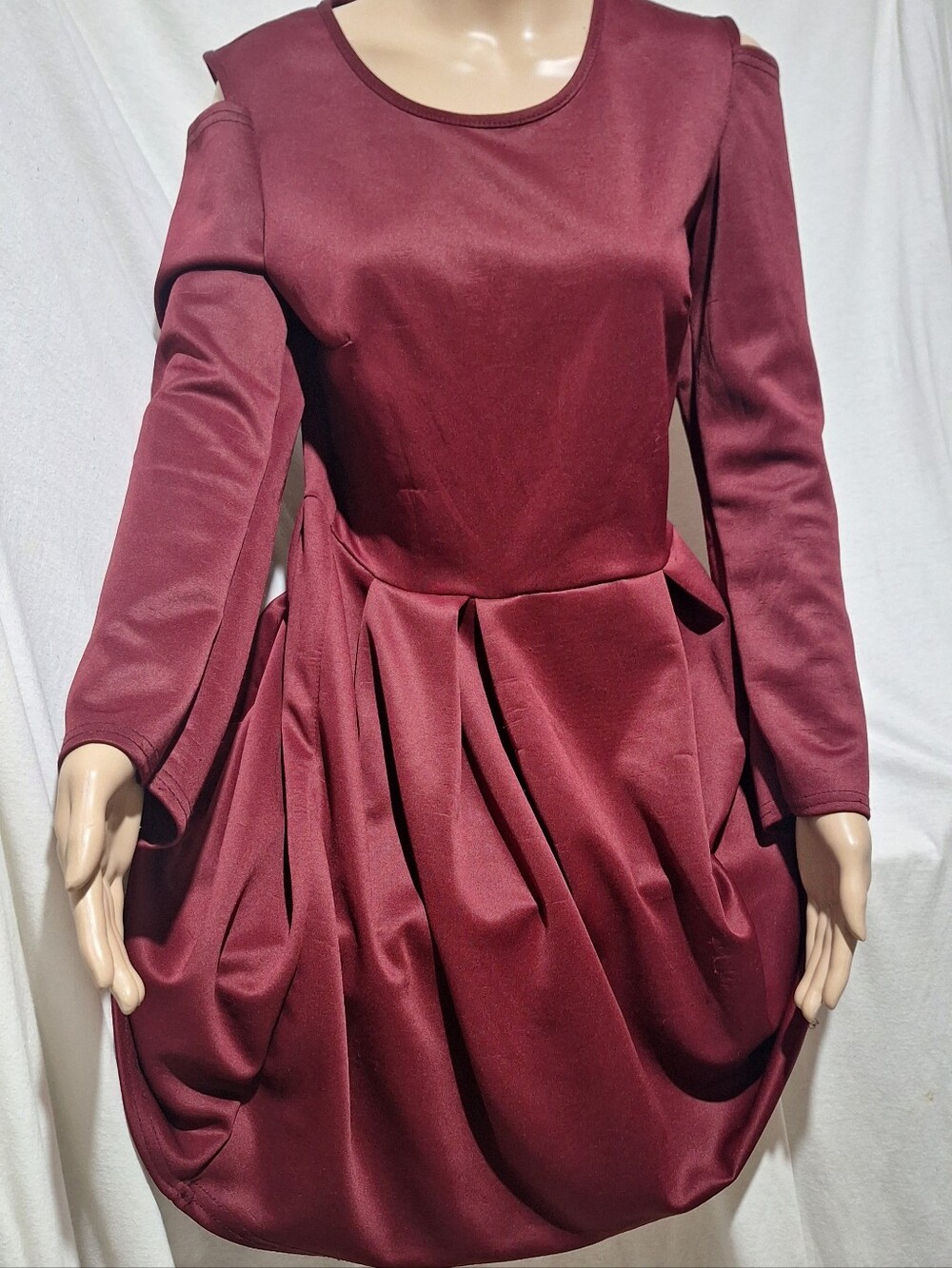 Womens Burgundy Long-Sleeve Pleated Bubble Dress